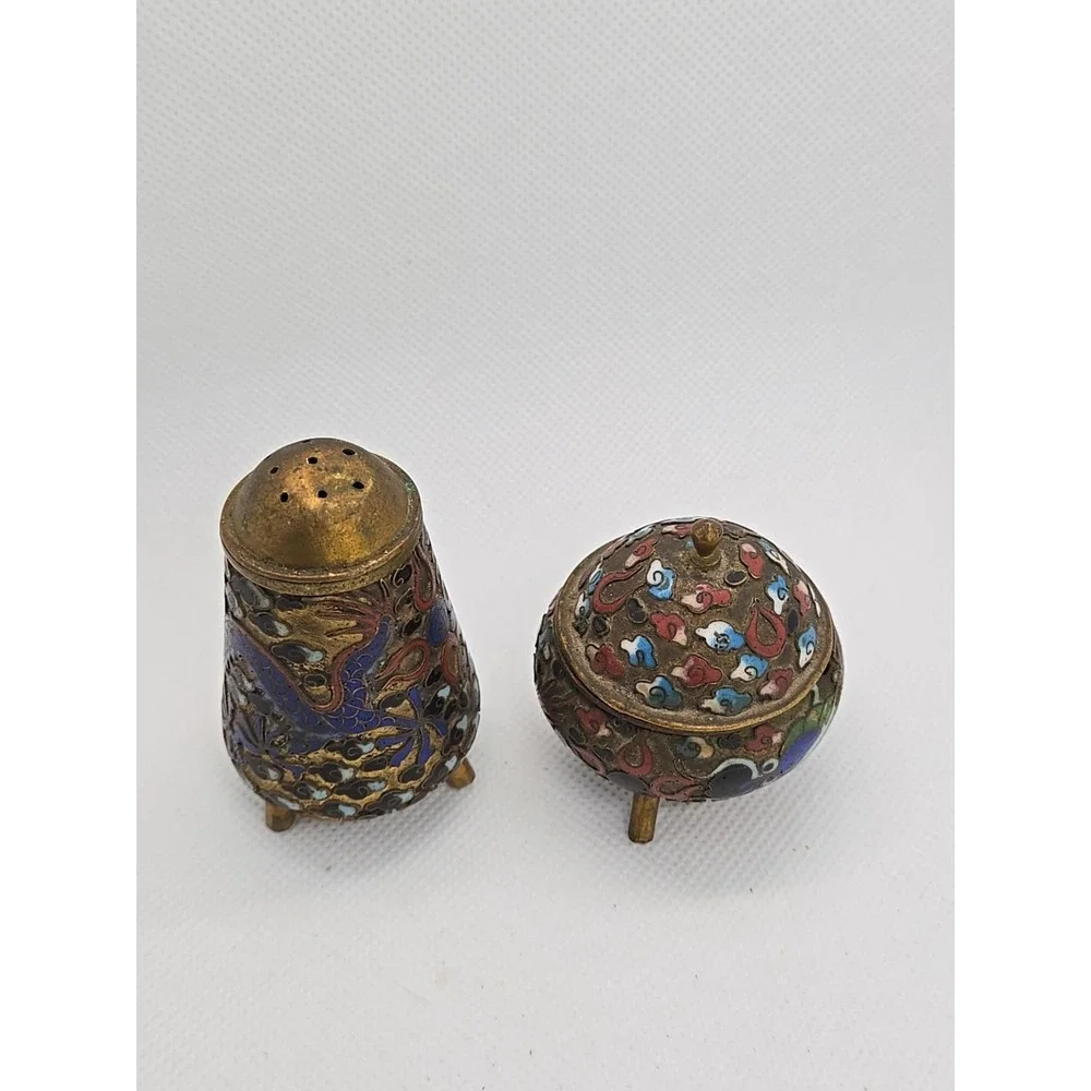 Vtg Cobalt Cloisonne Lidded Mustard Pot & Salt Cellar Set Dragon Motif‎ Chinese